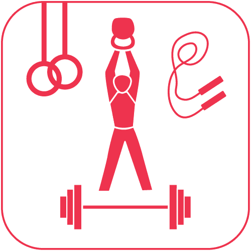 Piktogramm von Fitnessgeräten: Kettlebell, Ringe, Springseil und Langhantel mit aktiviertem Benutzer.