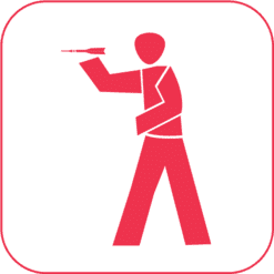 Piktogramm einer Person, die einen Dartpfeil in Richtung einer Zielscheibe wirft.