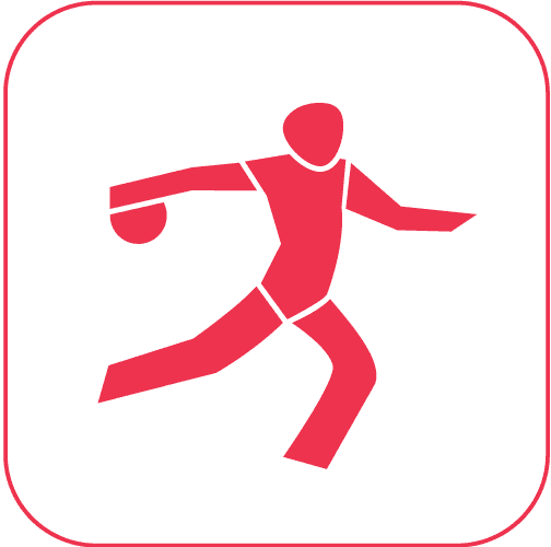 Symbolhafte Darstellung eines roten Sportlers, der eine Diskusscheibe wirft, vor weißem Hintergrund.