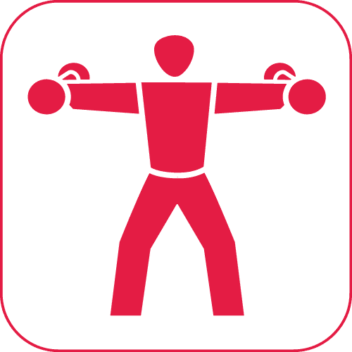 Symbol eines Mannes, der mit Gewichten in beiden Händen eine dynamische Übung ausführt.