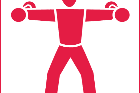 Symbol eines Mannes, der mit Gewichten in beiden Händen eine dynamische Übung ausführt.