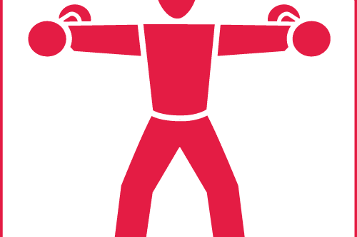 Symbol eines Mannes, der mit Gewichten in beiden Händen eine dynamische Übung ausführt.