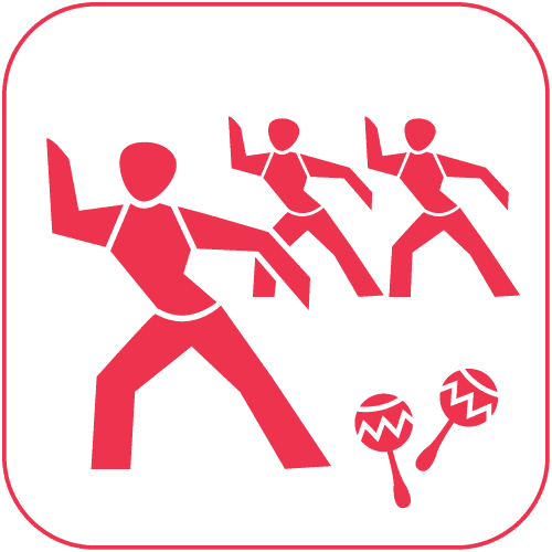 Drei stilisierte Figuren tanzen, daneben liegen zwei runde Rasseln auf einem hellen Hintergrund.