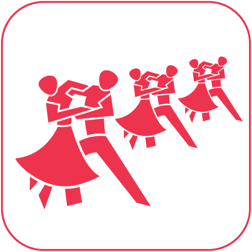 Grafische Darstellung von drei Paaren, die im Tanz eng umschlungen sind, in roten Silhouetten auf weißem Hintergrund.