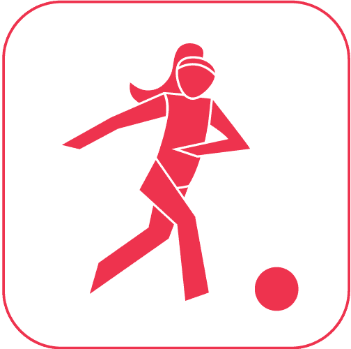 Grafische Darstellung einer Sportlerin, die einen Ball mit dem Fuß kickt. Sie trägt Sportkleidung und hat lange Haare.