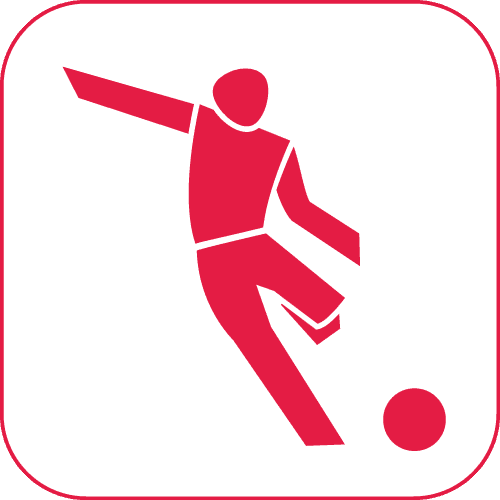 Roter grafischer Spieler, der einen Fußball mit dem Fuß schlägt, auf hellem Hintergrund.