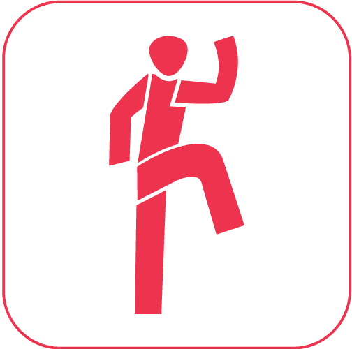 Piktogramm eines sich bewegenden menschlichen Symbols mit erhobenem Arm auf rotem Hintergrund.