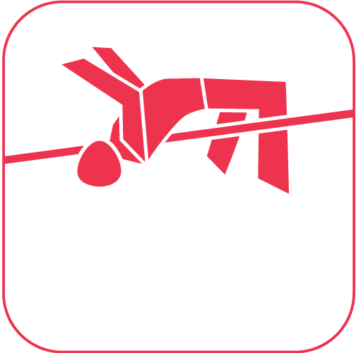 Grafik eines Hochspringers, der über eine Horizontale springt, in rot auf weißem Hintergrund.