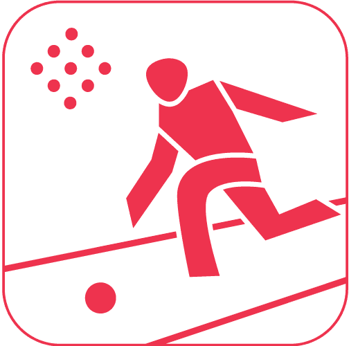 Rote Illustration einer Person, die eine Kugel auf einer Bahn rollt, umgeben von Punkten.