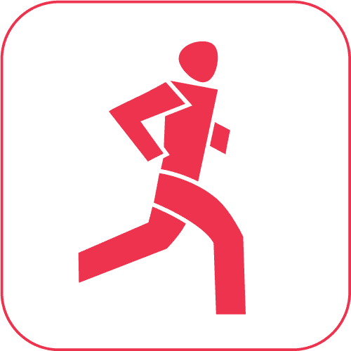 Minimalistische rote Silhouette einer Person beim Laufen, in dynamischer Vorwärtsbewegung, auf weißem Hintergrund.