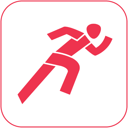 Minimalistische rote Silhouette einer Person bei der Leichtathletik, die in einer dynamischen Laufbewegung dargestellt ist, auf weißem Hintergrund.