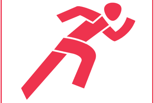 Minimalistische rote Silhouette einer Person bei der Leichtathletik, die in einer dynamischen Laufbewegung dargestellt ist, auf weißem Hintergrund.