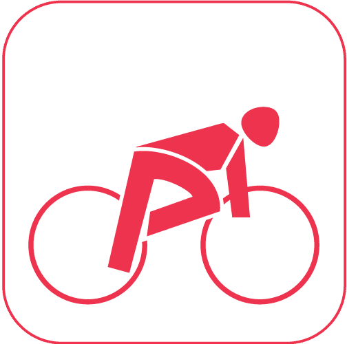 Minimalistische rote Silhouette einer Person in sportlicher Haltung auf einem Rennrad, auf weißem Hintergrund.