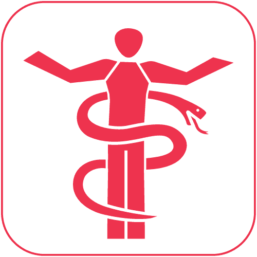 Minimalistische rote Silhouette einer stehenden Person mit ausgebreiteten Armen, umschlungen von einer stilisierten Schlange als Symbol für Reha- und Gesundheitssport, auf weißem Hintergrund.