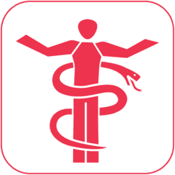 Minimalistische rote Silhouette einer stehenden Person mit ausgebreiteten Armen, umschlungen von einer stilisierten Schlange als Symbol für Reha- und Gesundheitssport, auf weißem Hintergrund.