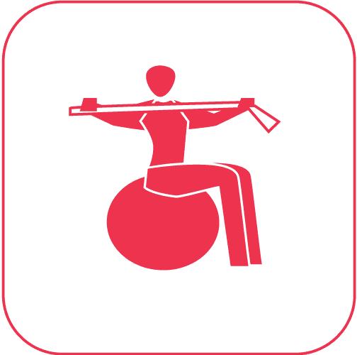 Minimalistische rote Silhouette einer Person auf einem Gymnastikball, die eine Hantelstange über den Schultern hält, auf weißem Hintergrund.