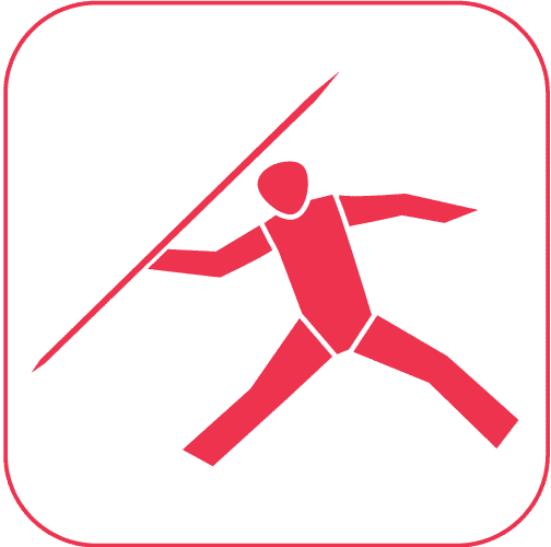 Minimalistische rote Silhouette einer Person beim Speerwurf in dynamischer Pose auf weiße Hintergrund.