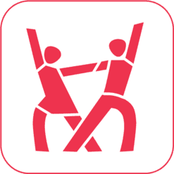 Minimalistische rote Silhouetten eines tanzenden Paares mit erhobenen Armen auf weißem Hintergrund.