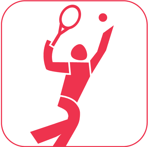 Minimalistische rote Silhouette einer Tennis spielenden Person im Aufschlag auf weißem Hintergrund.