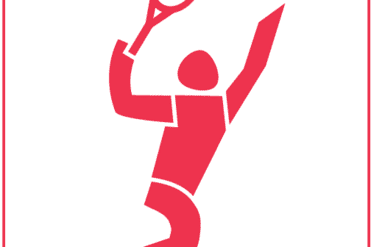 Minimalistische rote Silhouette einer Tennis spielenden Person im Aufschlag auf weißem Hintergrund.