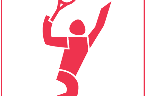 Minimalistische rote Silhouette einer Tennis spielenden Person im Aufschlag auf weißem Hintergrund.