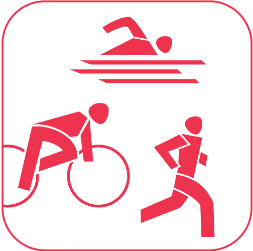 Minimalistische rote Silhouetten von drei Sportarten – Schwimmen, Radfahren und Laufen – als Darstellung eines Triathlons auf weißem Hintergrund.