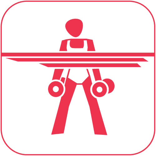 Minimalistische rote Silhouette einer Person bei der Wassergymnastik mit Hanteln im Wasser auf weißem Hintergrund.