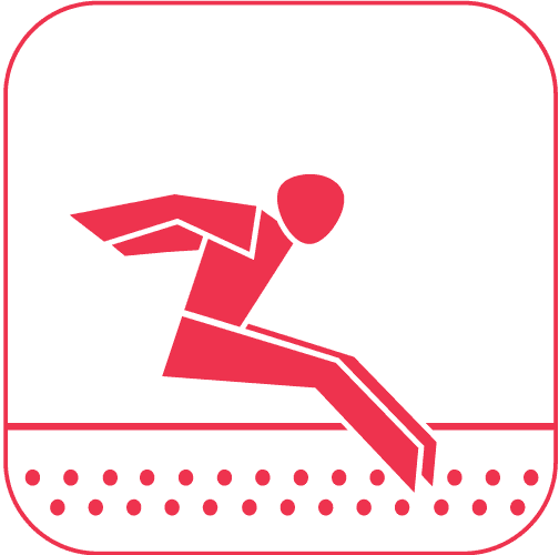 Minimalistische rote Silhouette einer springenden Person beim Weitsprung auf weißem Hintergrund.