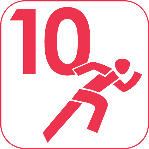 Minimalistische rote Silhouette einer sprintenden Person neben der Zahl 10 auf weißem Hintergrund.